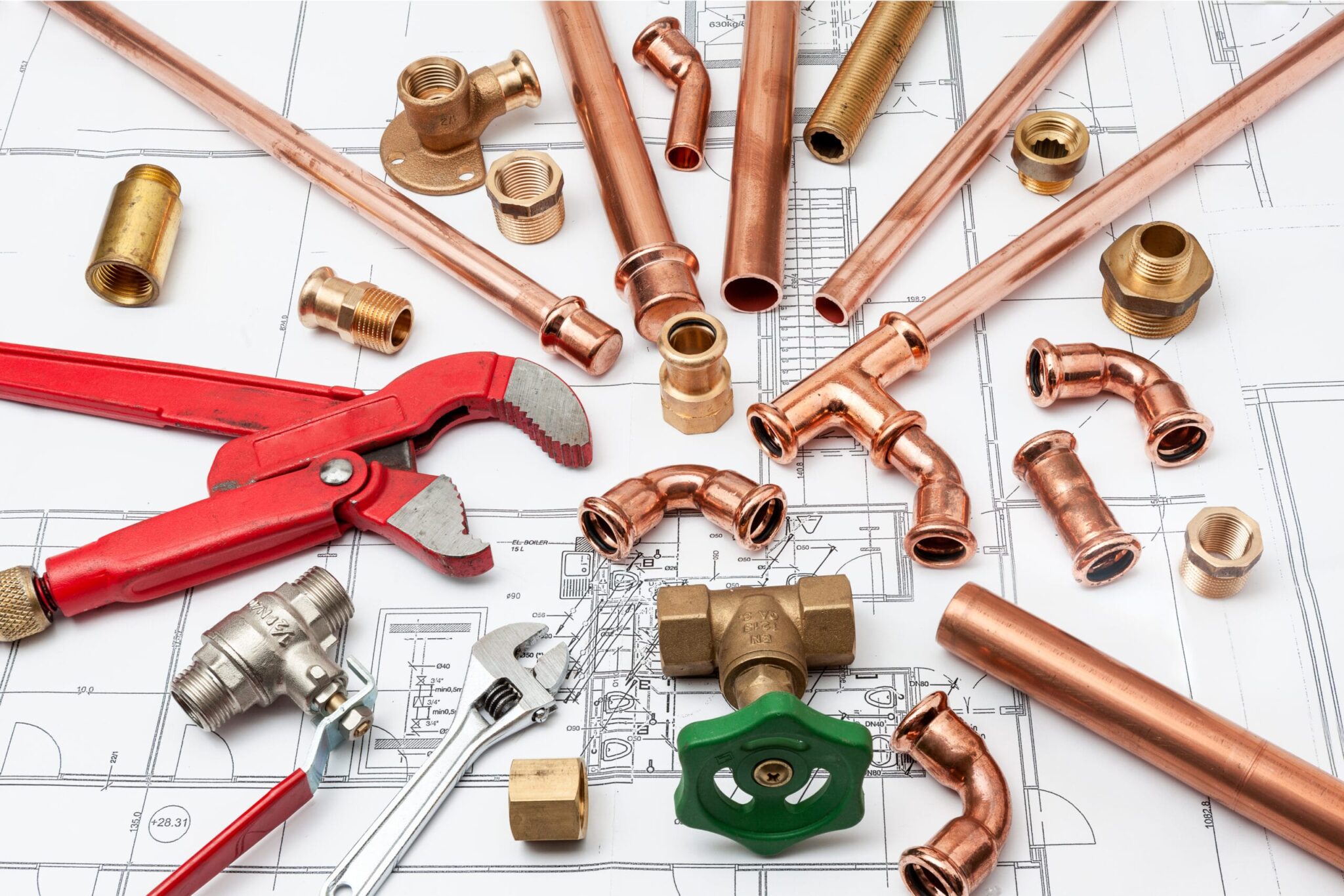 Copper pipes, fittings, valves, and plumbing tools in Tarpon Springs