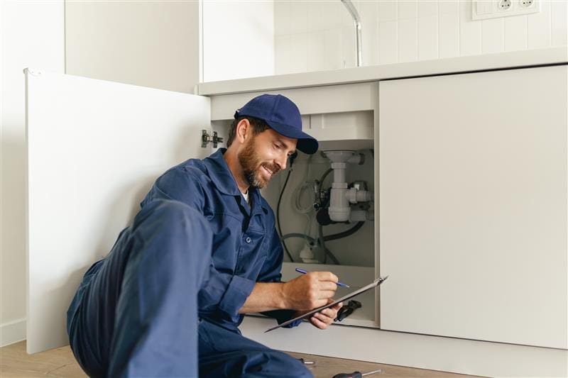 Residential plumber reviewing plumbing repairs in a Tarpon Springs kitchen